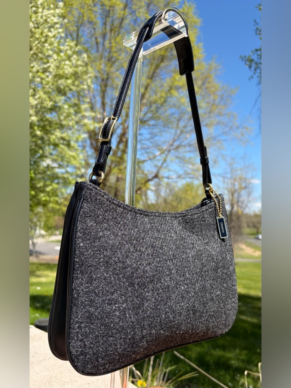 Vintage COACH Wool Hobo Small Charcoal Grey Black Leather 8308 EUC - Picture 3 of 17